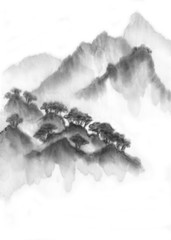 Background with mountains. Ink mountain landscape. Mountains in the fog. Trees on the mountain. Ink image. 
