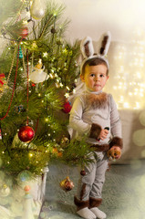 Beautiful 2 year old boy wearing christmas rabbit costume