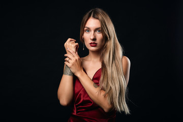 talented successful dancer with earrings performing in the night club, performance, lifestyle, free time, spare time. isolated black background