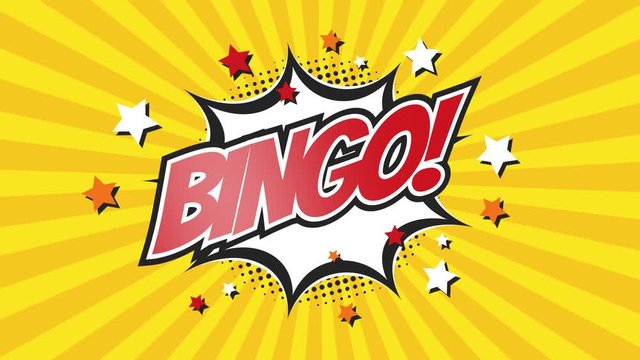 BINGO!  - Comic Pop Art text video 4K, chroma key version included. Vintage colorful cartoon animation with explosion of speech bubble message. 