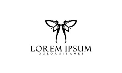 Twins fairy logo template with woman flying wings symbol in flat design monogram illustration