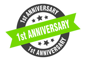 1st anniversary sign. 1st anniversary black-green round ribbon sticker