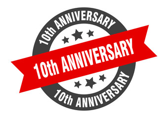 10th anniversary sign. 10th anniversary black-red round ribbon sticker