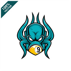 Vector sport logo, kraken octopus head illustration and billiard 9 ball on the shield background. Logo for sport club or team. Vector illustration
