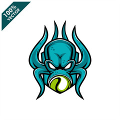Vector sport logo, kraken octopus head illustration and tennis ball on the shield background. Logo for sport club or team. Vector illustration