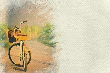 Fototapeta na wymiar Bicycle parked on the wayside. Digital watercolor painting effect. Copy space for text.