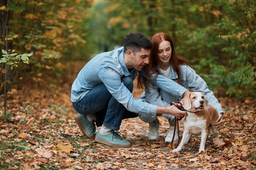 Naklejka na ściany i meble handsome man and woman playing with their favourite pet outdoors love between people and pets