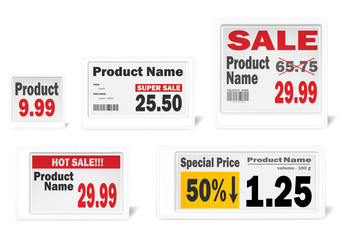 Electronic shelf label set, realistic vector mockup. Different-sized white e-paper displays for retail store price tags, template. Information monitor screen, mock-up