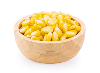 corn seeds in wood bowl isolatednon white background