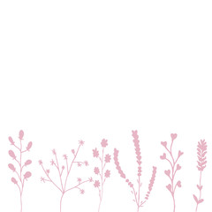 Set of vector floral greeting card with blooming garden flowers, botanical natural Illustration on white  background in hand drawn doodle style.