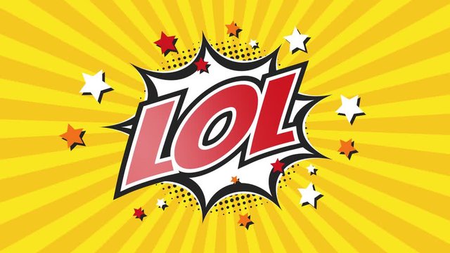 LOL - Laughing Out Loud - Comic Pop Art text video 4K, chroma key version included. Vintage colorful cartoon animation with explosion of speech bubble message.