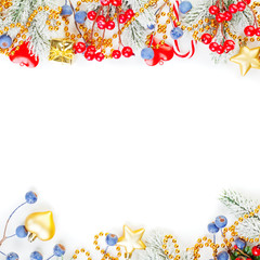 Fototapeta premium Merry Christmas background. Xmas card winter composition border with copy space