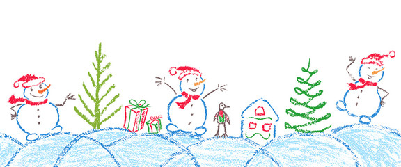 Like child hand drawing christmas tree, gift box, snowdrift and funny smiling snowman. Crayon, pastel chalk or pencil hand painting funny sketch kids doodle style vector snow background header banner