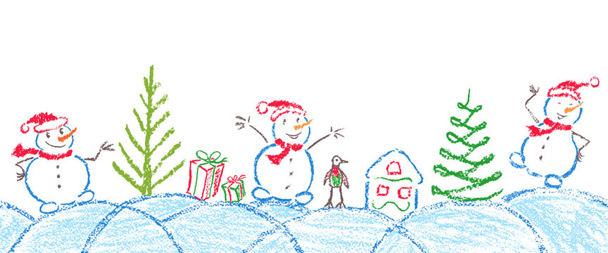 Like child hand drawing christmas tree, gift box, snowdrift and funny smiling snowman. Crayon, pastel chalk or pencil hand painting funny sketch kids doodle style vector snow background header banner