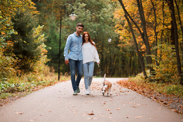 Fototapeta premium happy good looking family having a rest in the autumn forest, walking on the road with fallen colorful leaves beautiful landscape inthe background of the photo