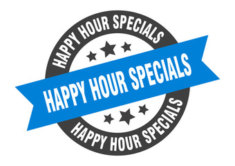 happy hour specials sign. happy hour specials blue-black round ribbon sticker
