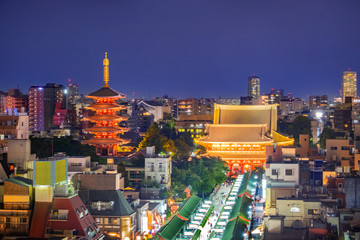 Sensoji Temple from top view in the evening. The most famous temple located in Asakusa district, Tokyo, Japan