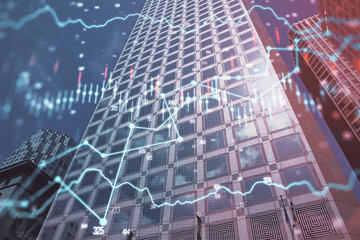 Forex chart on cityscape with tall buildings background multi exposure. Financial research concept.