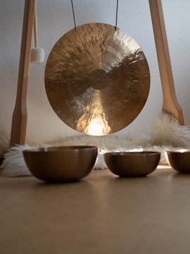 Golden Gong With Tibetan Singing Bowls