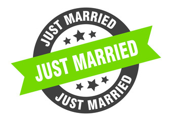 just married sign. just married black-green round ribbon sticker