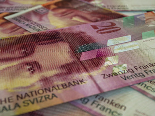 Fototapeta premium CHF. Swiss Franc macro photo. Money of Switzerland. Business background. Zurich.