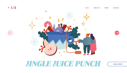 Hot Beverage for Cold Season Website Landing Page. Woman Character Standing on Huge Cup with Hot Punch or Mulled Wine. Festive Winter Drink Time Web Page Banner. Cartoon Flat Vector Illustration