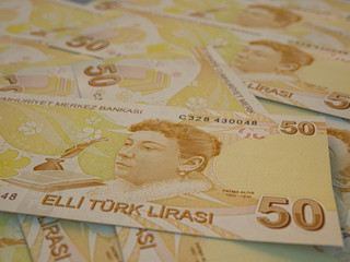 Turkish currency. Money of Turkey business background. Turkish Lira TRY.