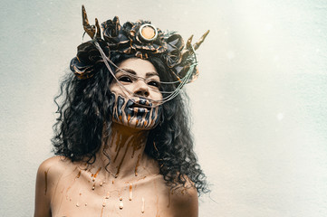 girl demon in a wreath with horns portrait, uniform background, holiday Halloween