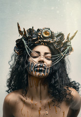 girl demon in a wreath with horns portrait, uniform background, holiday Halloween