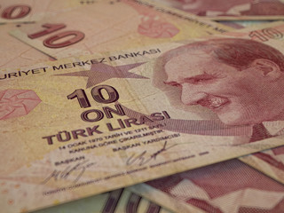 Turkish currency. Money of Turkey business background. Turkish Lira TRY.
