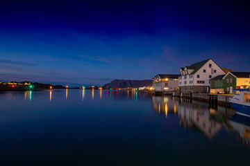 Fototapeta premium Blue hour in Brønnøysund harbor in Nordland county