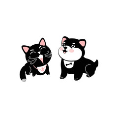 Black cat and dog. Cute cartoon character. Kawaii animal.  Vector illustration can use card, t-shirt print, nursery decor