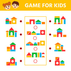 Education logic game for preschool kids. Kids activity sheet. Find a match between shapes. Children funny riddle entertainment. Vector illustration
