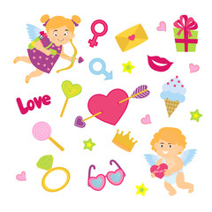 Pack of love stickers with Lovely Boy and girl cupids, hearts, star, lip, ring.  Love concept. Freehand drawing. Valentines day decoration elements.