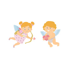 Set, Lovely Boy and girl cupids. Cartoon characters vector Illustration can use for kids decor, print, card, sticker kit