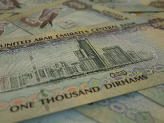 AED. Currency of  United Arab Emirates. Emirates Dirham bussiness background. Dubai, Abu-Dhabi