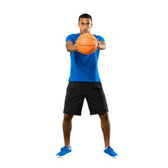 Full-length shot of Afro American basketball player man over isolated white background