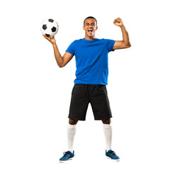 Full-length shot of African American football player man over isolated white background