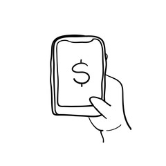 hand holding phone with money on screen illustration doodle