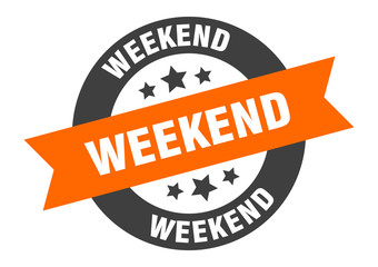 weekend sign. weekend orange-black round ribbon sticker