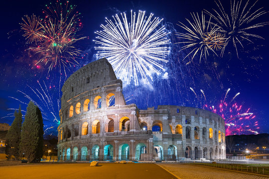 Fireworks display over the Colosseum in Rome, Italy - Powered by Adobe