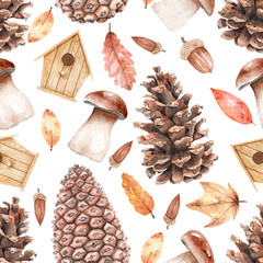 autumn pattern with cones, mushrooms, acorns and a bird house painted in watercolor on a white background