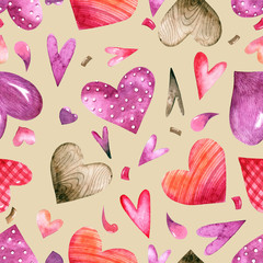 Seamless pattern with hearts drawn by watercolor for Valentine's day on a beige background.