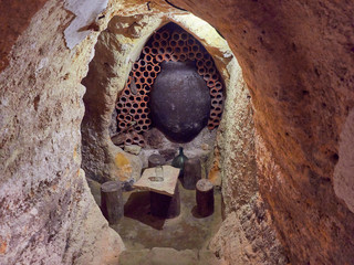 Selective focus view of the galleries of the arab caves labyrinth built under the medieval city of...