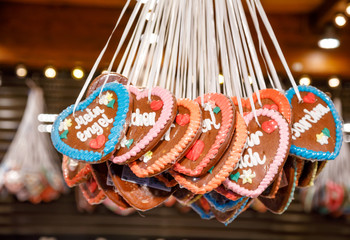 Traditional gingerbread hearts at Christmas market stall in Berlin Germany