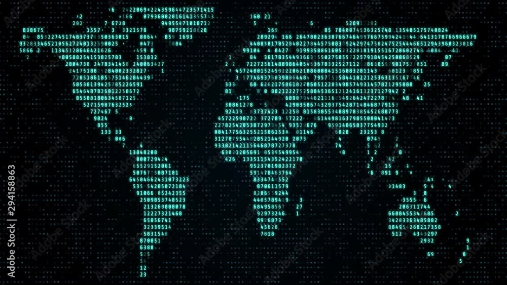 Poster World Map Digital Number Technology 4K Motion Running Developer Program Code Motion Background. 3D Graphic Binary Encoding Decimal Statistics Big Data Analysis Concept Display.