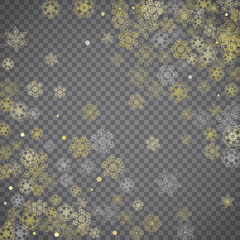 Isolated snowflakes on transparent grey background. Gold glitter snow. Winter sales, Christmas and New Year design for party invitation, banner, sale. Winter window. Magic crystal isolated snowflakes.