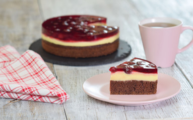Piece of Homemade cherry cake with vanilla custard and jelly.