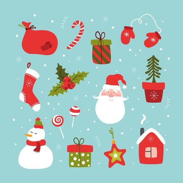 Set of christmas and happy new year items. Vector illustration.