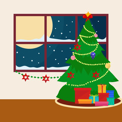 Naklejka premium fireplace in the night christmas day with family happy decoration pine tree with accesoris